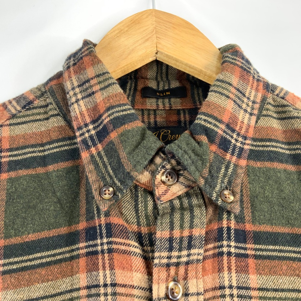 J.Crew Mens Slim Fit Cotton Cashmere Blend Plaid Flannel Shirt Green Orange M - Picture 4 of 8
